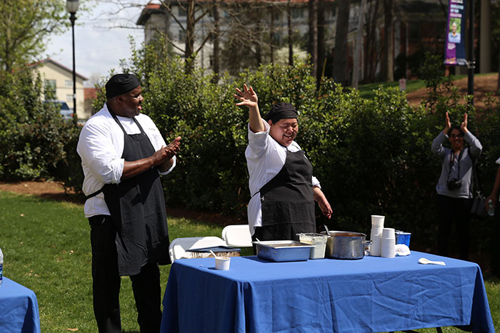 Chefs from Emory Dining strike a pose at the Greeks Go Green vegetarian chili cook-off.