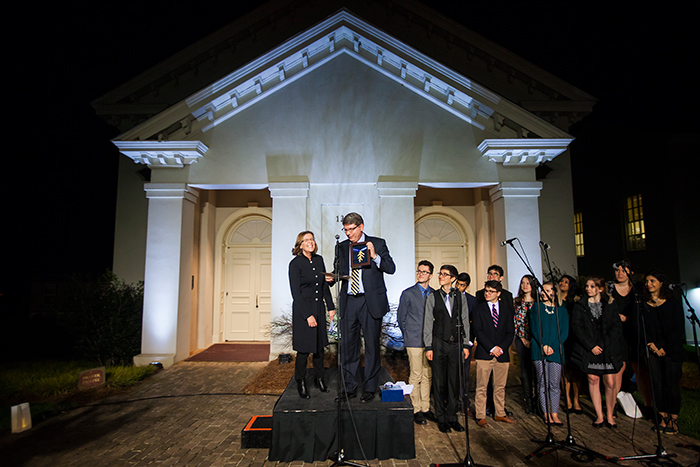As the Oxford Gospel Choir looked on, Oxford Dean Douglas Hicks presented President Sterk with an oak leaf from a beloved tree that grew on the Oxford campus for a century. The leaf was given to the president with the wish that she "will flourish, as that oak did, so long on our beautiful campus."