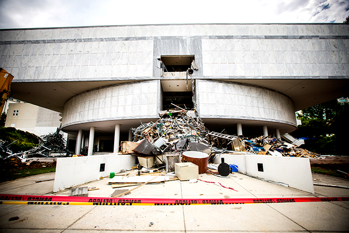 Debris lies on the ground as demolition of the DUC is now under way.
