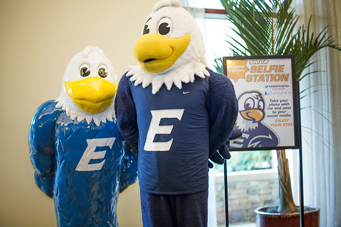Swoop himself unveils the new Swoop statue at the Emory Conference Center Hotel.
