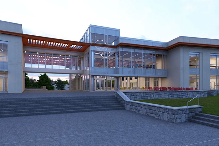 The design rendering of the new Campus Life Center shows a building designed with large windows.