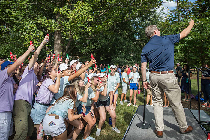 Oxford College Dean Hicks takes a selfie with students