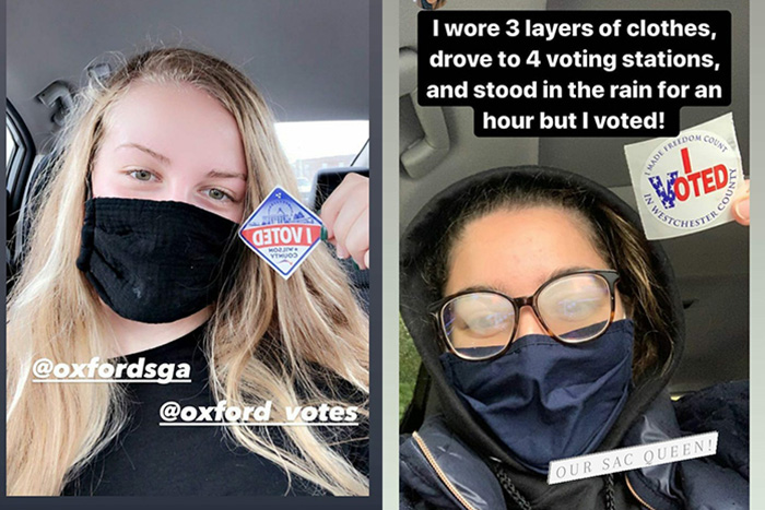Two side-by-side Instagram stories of Oxford College students who voted