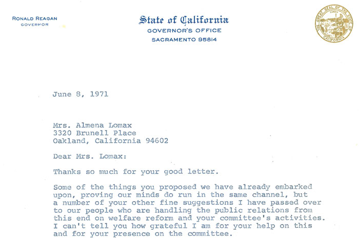 Letter to Almena Lomax from President Ronald Reagan, 1971. Credit: Almena Lomax papers, MARBL, Emory University.