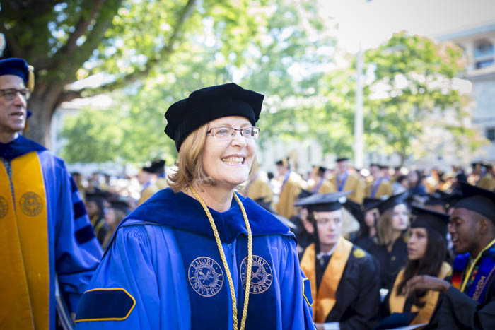 Emory President Claire E. Sterk leads the procession