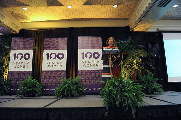 President Claire E. Sterk, Emory's first female president, drew rousing applause and read a poem about 100 years of women on campus: "They have offered the strength and vision to carry Emory / Toward a future worthy of its ideals."