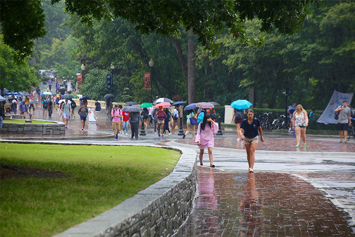 people walking in rain on campus