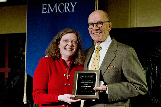 Jeffrey Koplan (right), 2015 recipient of the Marion V. Creekmore Award, poses with Claire Sterk, Emory University provost and vice president for academic affairs.
