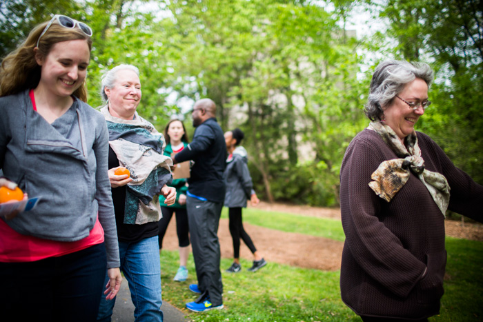 Walkers in Emory's Lullwater Park for National Walking Day