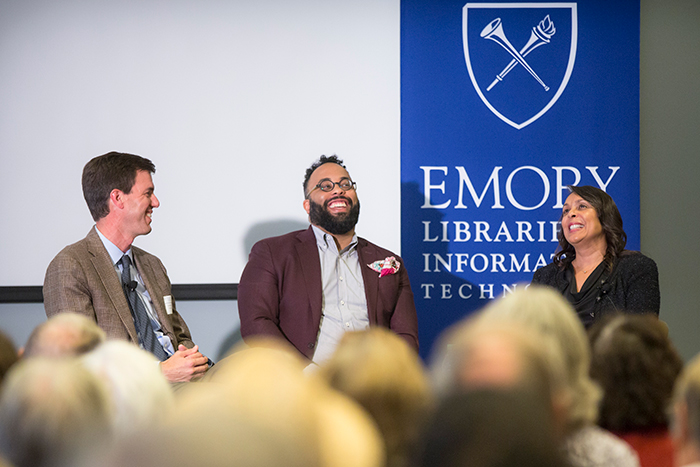 Emory professors Joe Crespino, Kevin Young and Natasha Trethewey discuss poetry and history at the "Neil Asks" event.