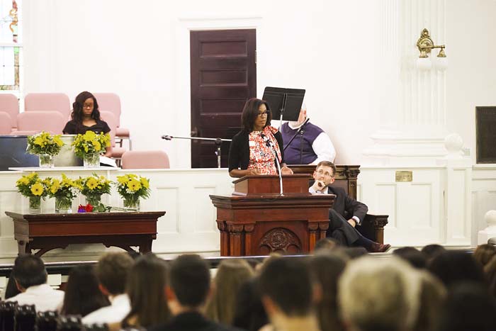 Erika James, dean of Emory's Goizueta Business School, where Hossain began studies in January, presented "Blessing in a Time of Violence," a reading from Jan Richardson's The Painted Prayerbook.