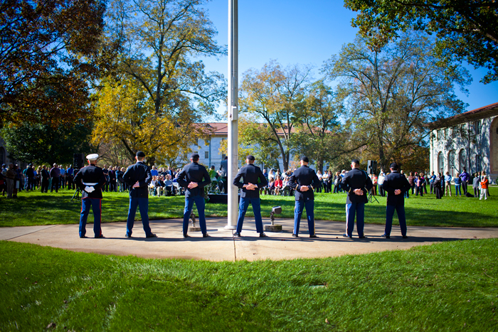 The Emory color guard watches over the ceremony on the Quad. 