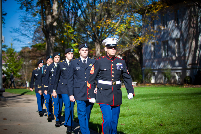 The Emory color guard leads the way at the end of the Veterans Day Ceremony.