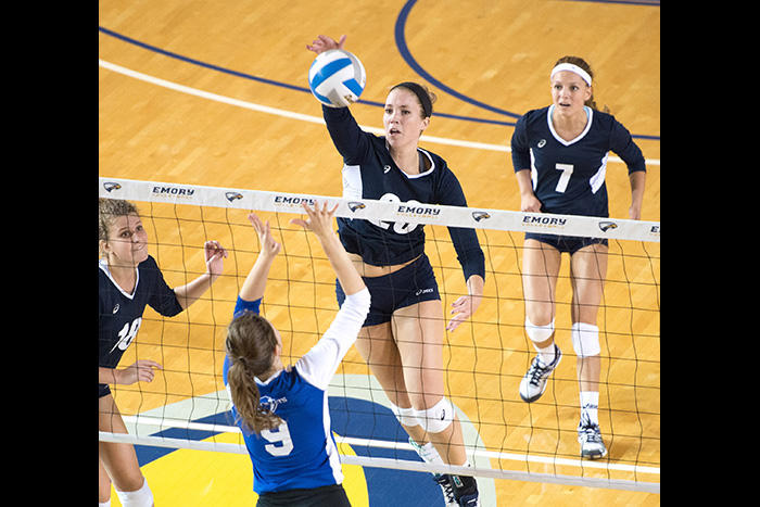 Senior middle Jessica Holler was a dominating presence in Emory volleyball's first match of the 2016 season, pounding out a career-high 19 kills.