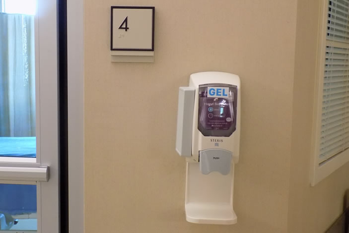 The new hand sanitizing station at Emory Johns Creek Hospital.