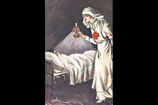An illustration of a nurse checking on a patient, ca. 1915