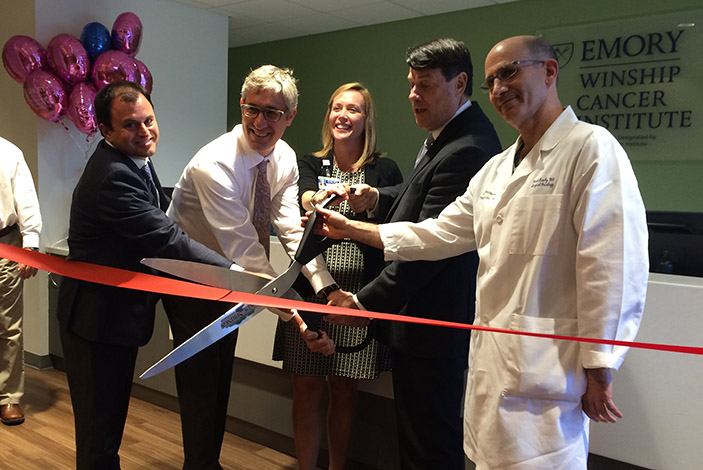 The official ribbon cutting marking the expansion of Emory Saint Joseph¿s Winship Cancer Institute. Pictured (l to r): Peter Rossi, MD, Steve Szabo, MD, Emory Saint Joseph¿s CEO Heather Dexter, Sandy Springs Mayor Rusty Paul and David Kooby, MD