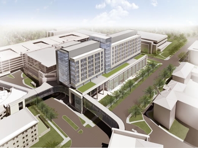 Rendering of the new bed tower, which is under construction adjacent to the Emory Clinic Building B. The hospital expansion is expected to open in 2017.