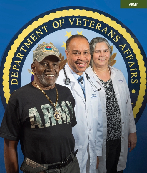 Milton Reaves earned a Purple Heart while serving as an Army Specialist in Vietnam. He credits Winship's Wayne Harris with helping him to win his latest battle against prostate cancer. The two are pictured with Hematology and Oncology Section Chief Maria Ribeiro at the Atlanta VA Medical Center where Winship doctors see about 875 veterans every year.