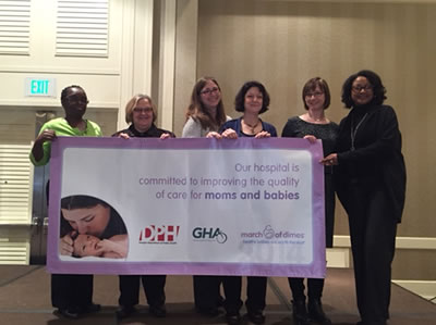 A team from Emory University Hospital Midtown recently accepted the award at a March of Dimes luncheon. (From left to right) Hiliary Domer-Caine, Joan Ragan, Lori Knight, Gloria Myles, Carrie Cwiak, MD, and Joi Bell-Blanding.