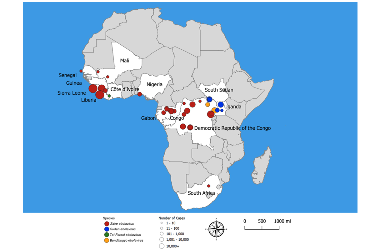 map of Africa showing locations of Ebola disease outbreaks