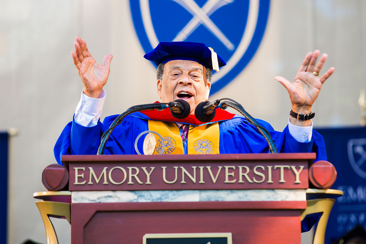 Andrew Young on stage at Commencement