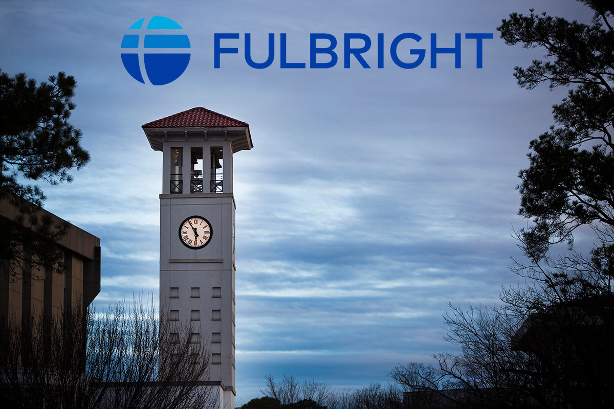 Photo of Cox Hall clock tower below Fulbright logo.