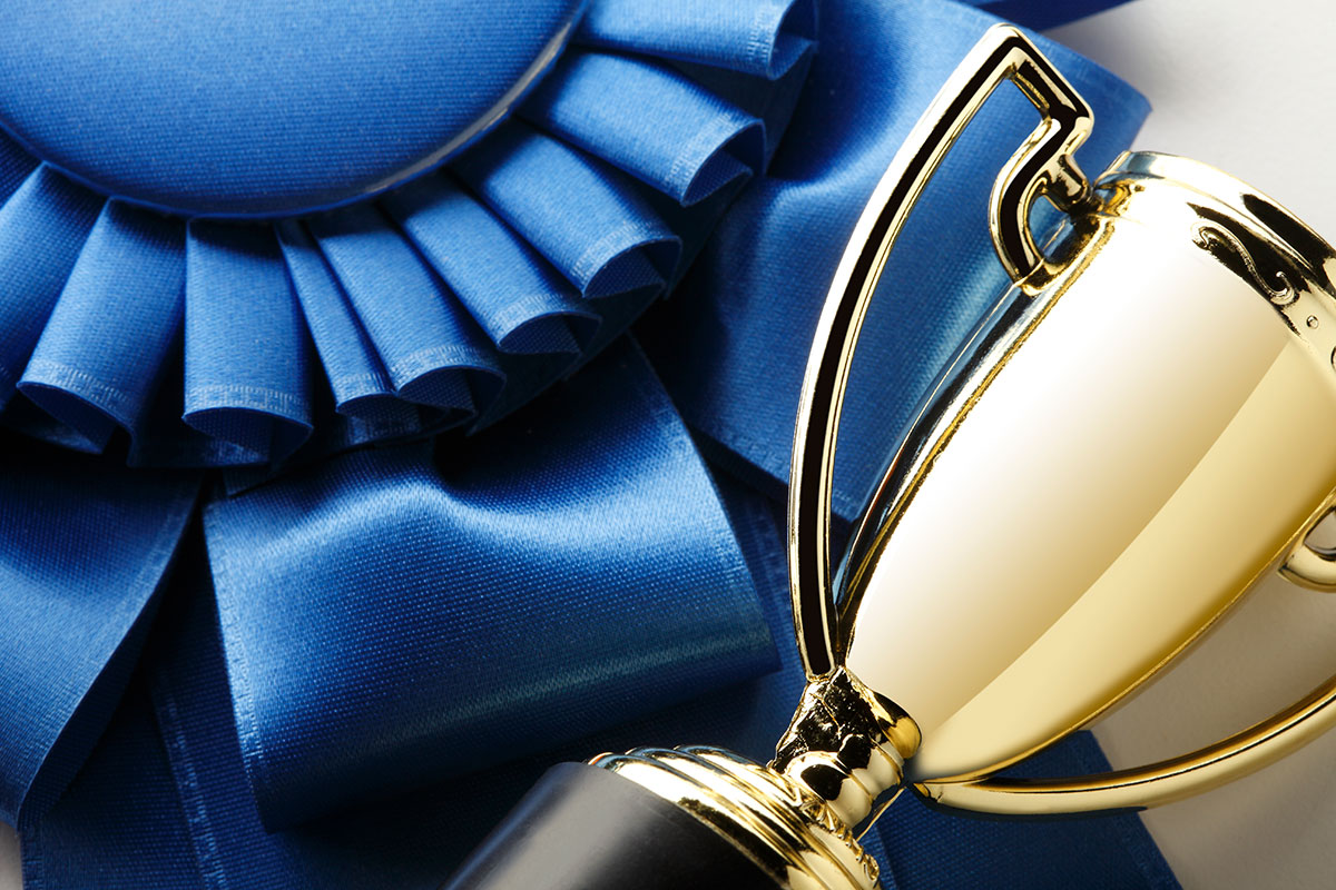 Image of blue ribbon and trophy next to each other