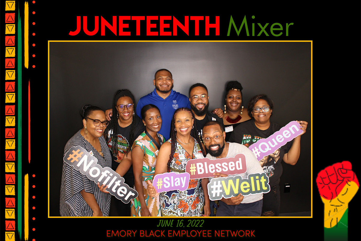 Photo of Emory employees on flyer for Juneteenth Mixer.