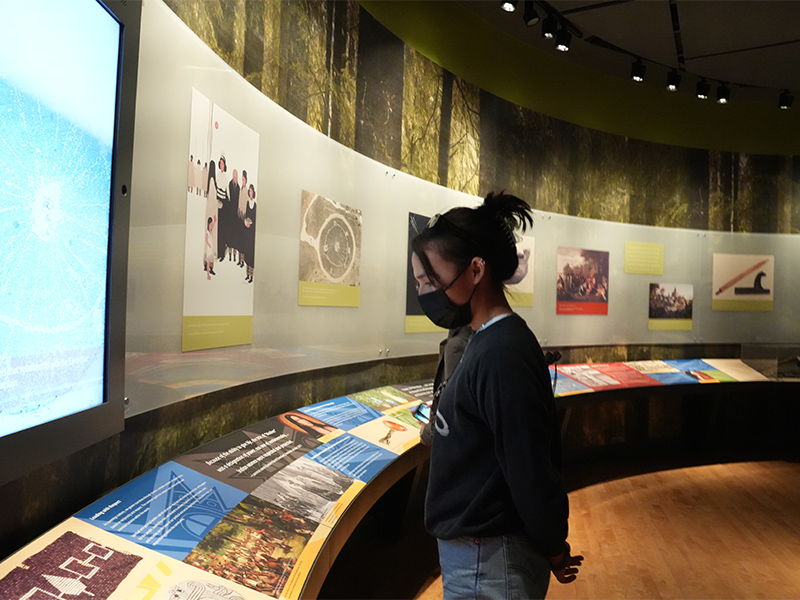 A college student looks at a wall of exhibits in a museum