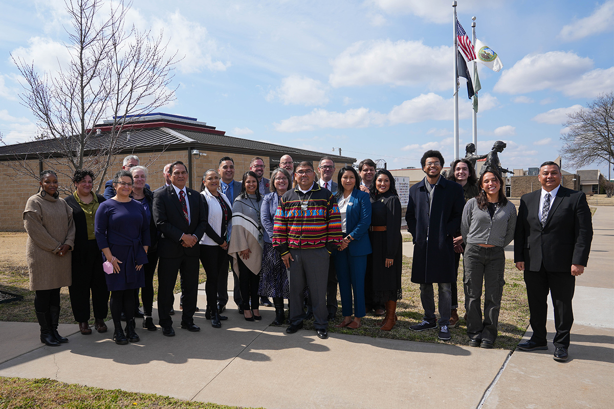 Muscogee Nation Chief David Hill, Second Chief Del Beaver and others with Emory University representatives