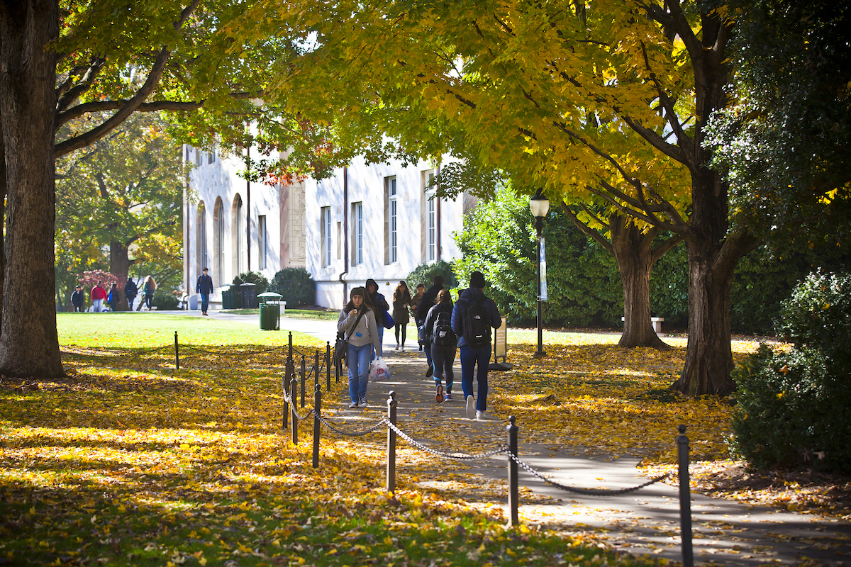 Photo: Campus scene in autumn with students walking along Quad