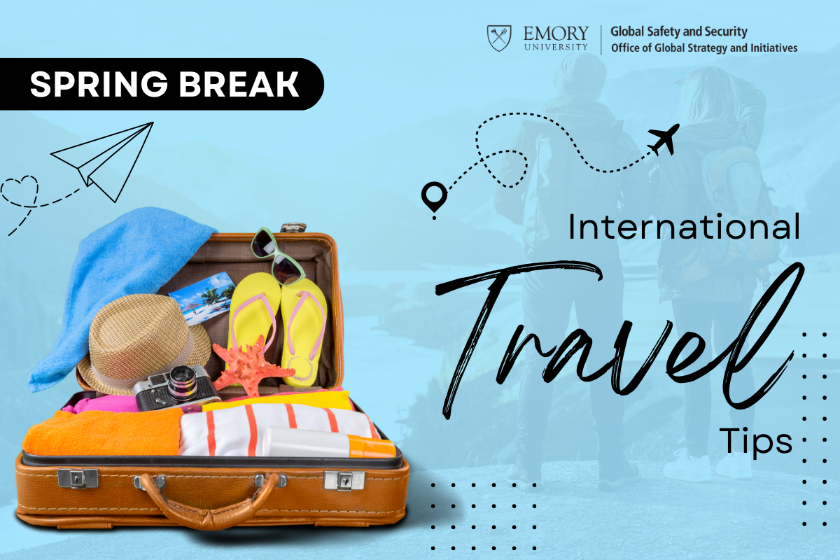 Graphic: Open suitcase packed for beach. Text: ''International Travel''