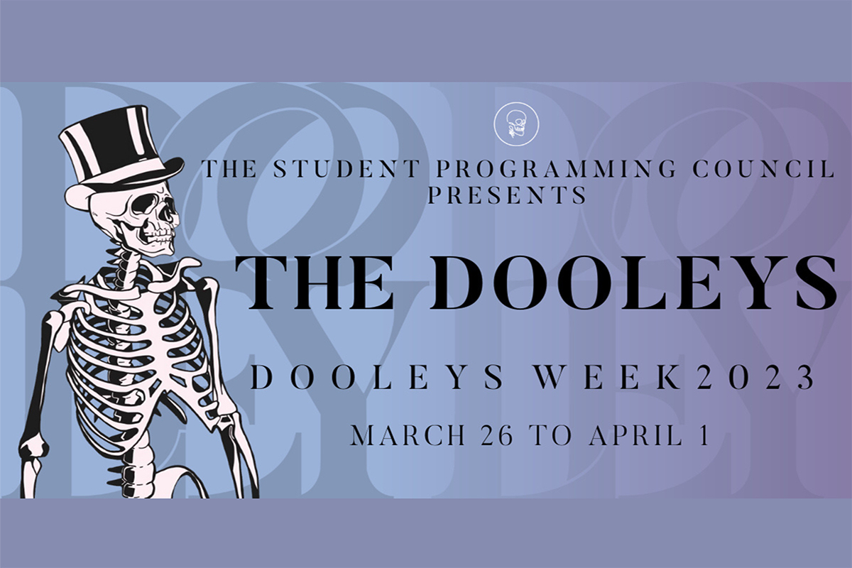 Illustration of Emory's mascot Dooley (a skeleton) with text: Student Programming Council presents The Dooleys for Dooley's Week 2023, March 26 to April 1