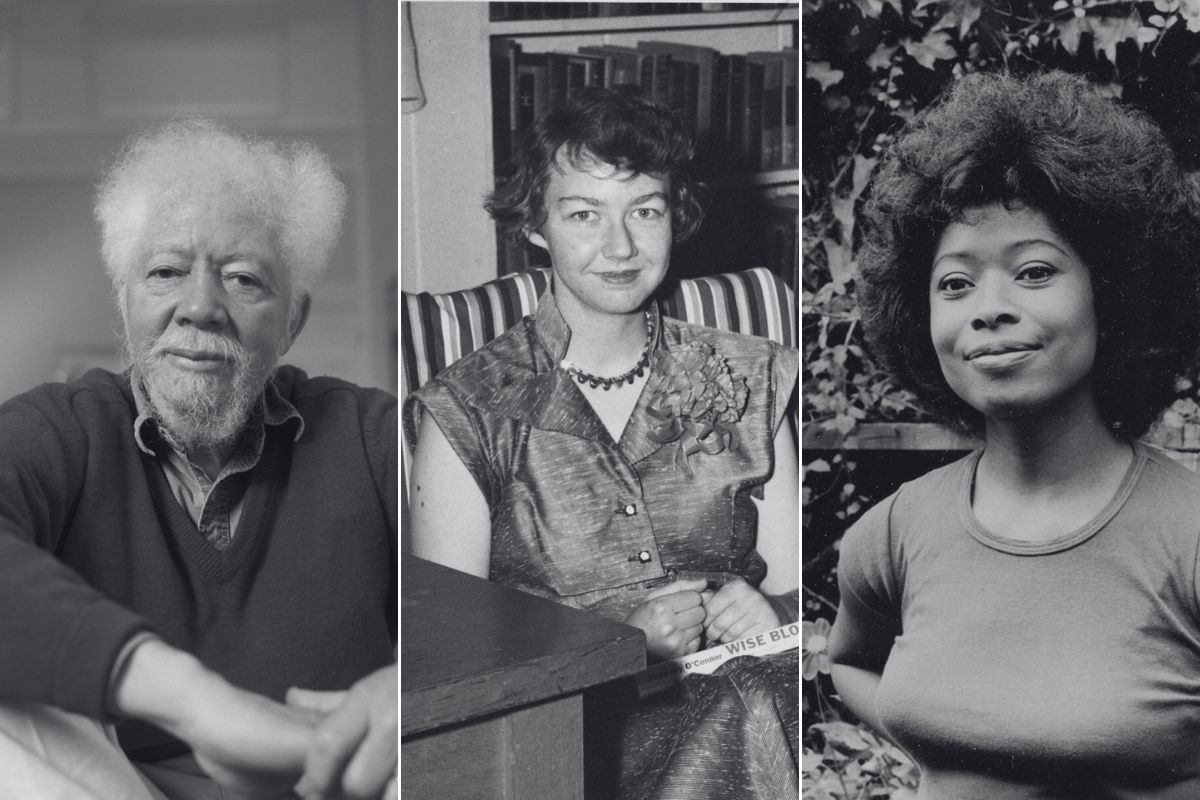 side-by-side images of Benny Andrews, Flannery O'Connor and Alice Walker