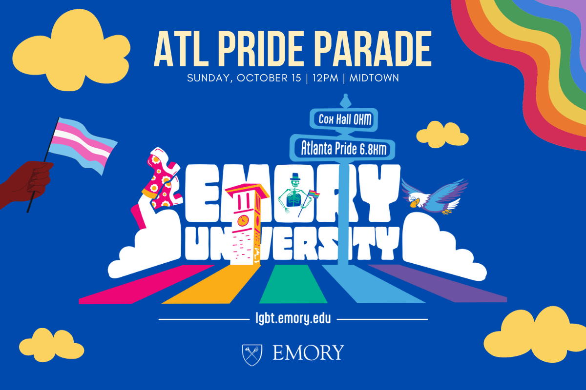 Graphic of Emory with rainbow crosswalk with words ''ATL Pride Parade''