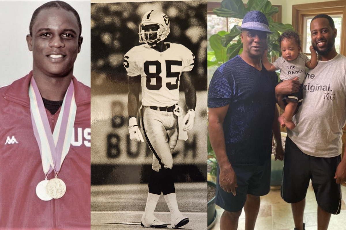 collage of Sam Graddy through the years - as a football player, Olympian and now with his son and grandson