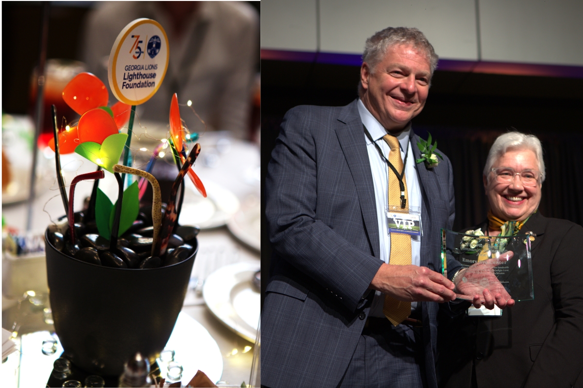 Collage of table setting and award acceptance at event