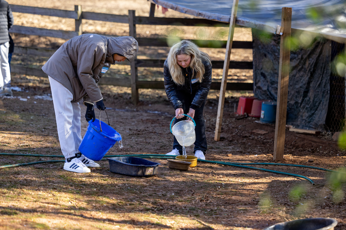 students pouring water out of buckets 