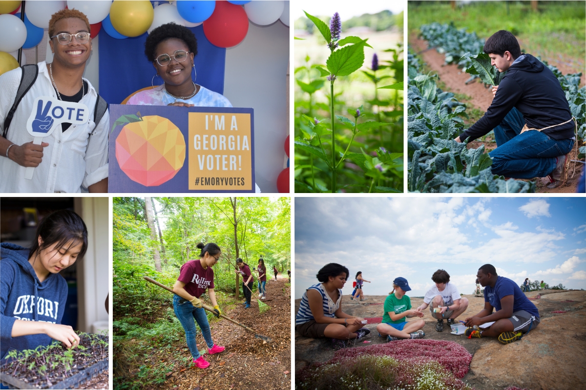 collage of Emory WaterHub, flowers, and college students working in gardens