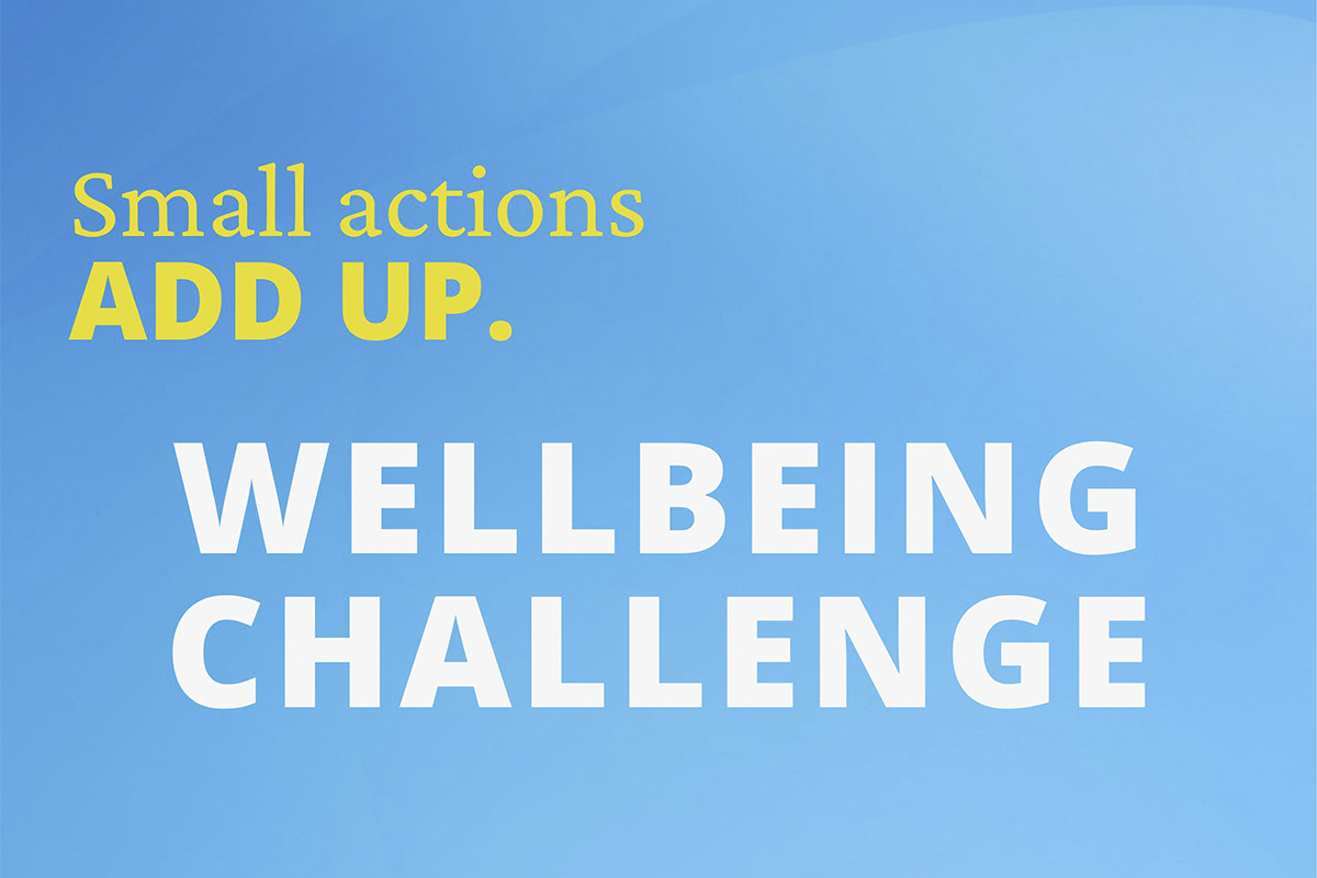 blue and yellow graphic with text that reads Small Actions Add Up Wellbeing Challenge