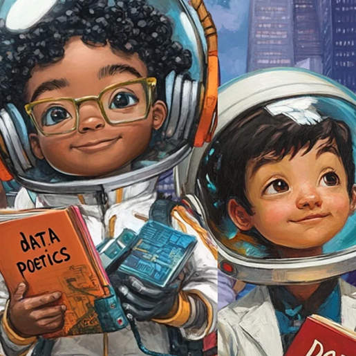 Illustration of two children dressed in astronauts with a book a book entitled Data Poetics