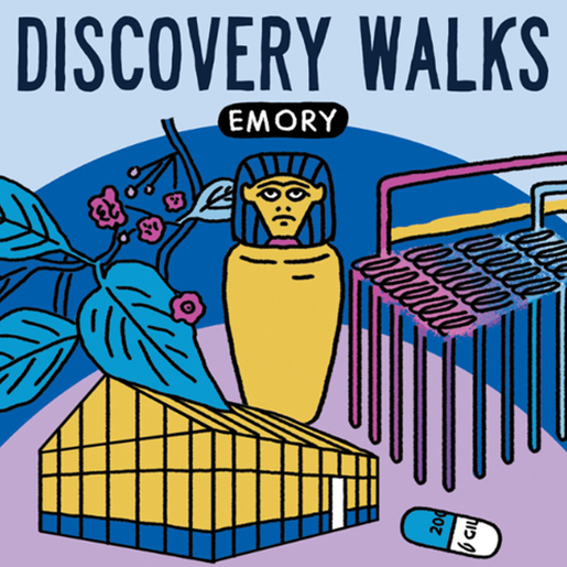 Graphic with the title of the discovery of text march emmy and illustrations of a greenhouse, an Egyptian mummy, leaves of a plant and a tube support for scientific laboratory test