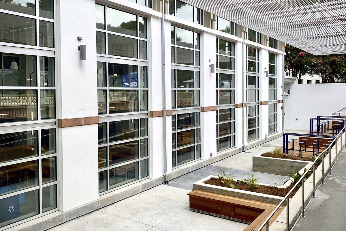 looking in windows toward dining facility