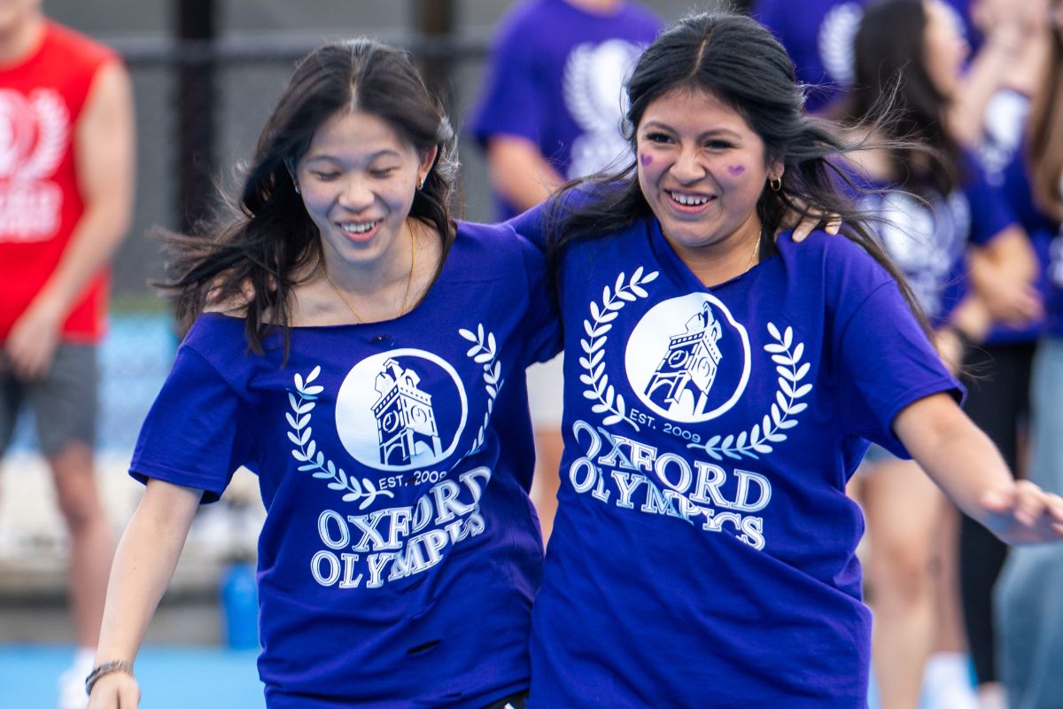 two female students playing a game in the Oxford Olympics