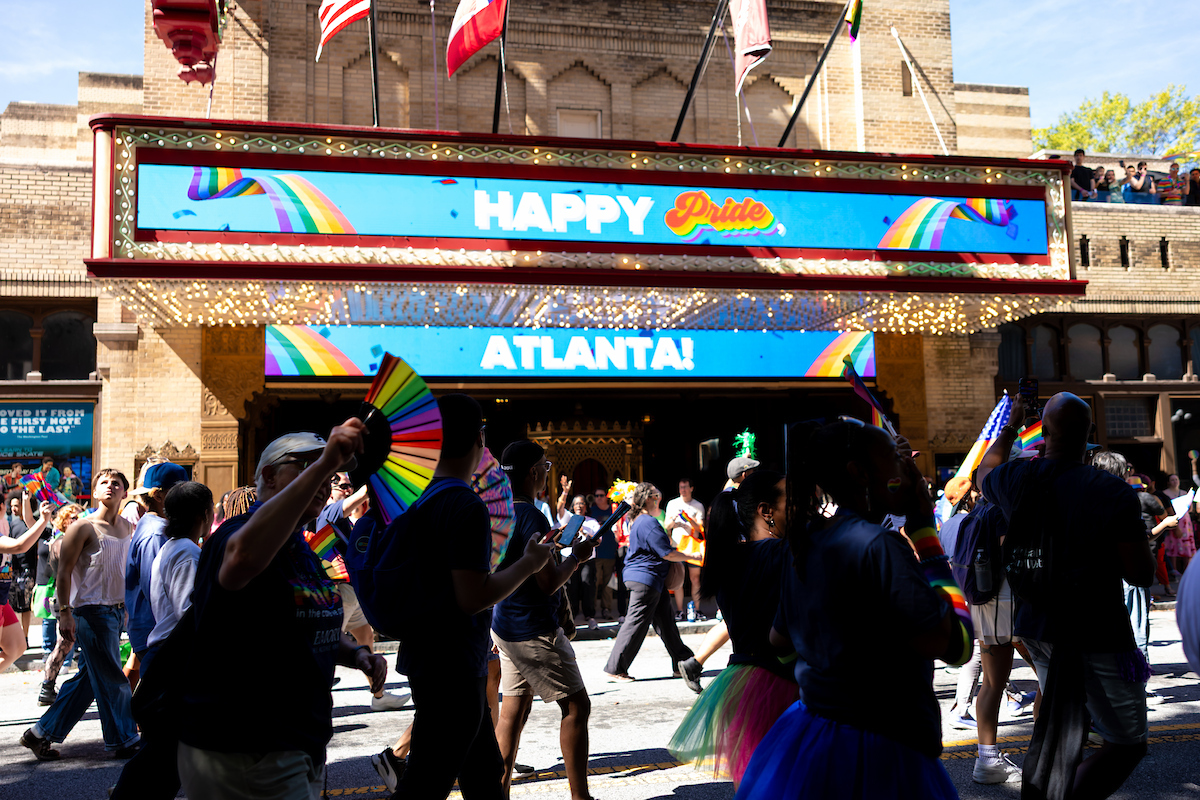 The Fox Theater sign reads "Happy Pride, Atlanta!"