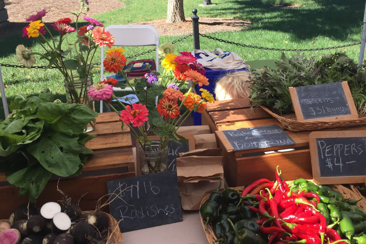 farmers market display of colorful flowers and produce