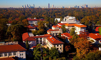 A bird's eye view of Emory and the Atlanta skyline in the background