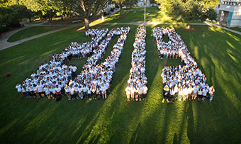 The Class of 2019 spells out '2019' as freshman on the quadrangle