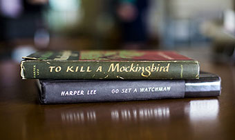 An original publication of To Kill a Mockingbird and Go Set a Watchman sit on display